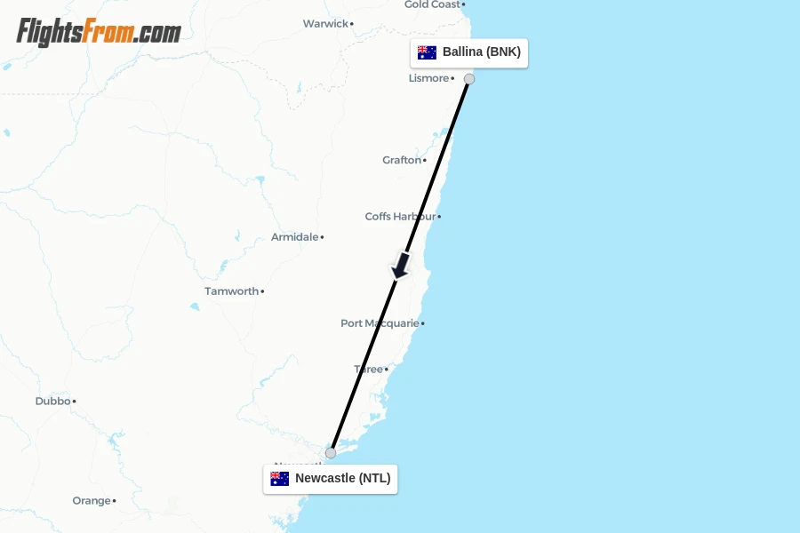 Flights from Ballina to Newcastle route map