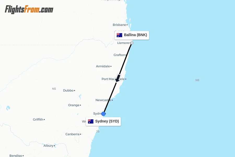 Flights from Ballina to Sydney route map