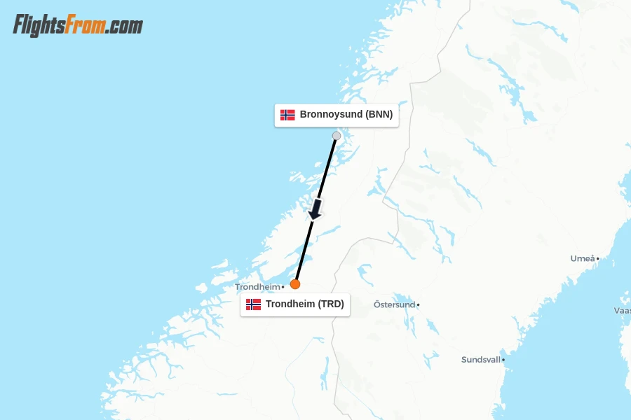 Flights from Bronnoysund to Trondheim route map