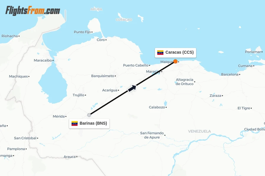 Flights from Barinas to Caracas route map