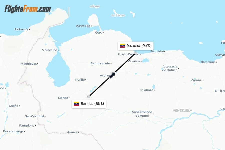 Flights from Barinas to Maracay route map