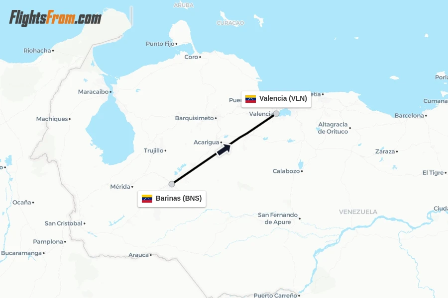 Flights from Barinas to Valencia route map