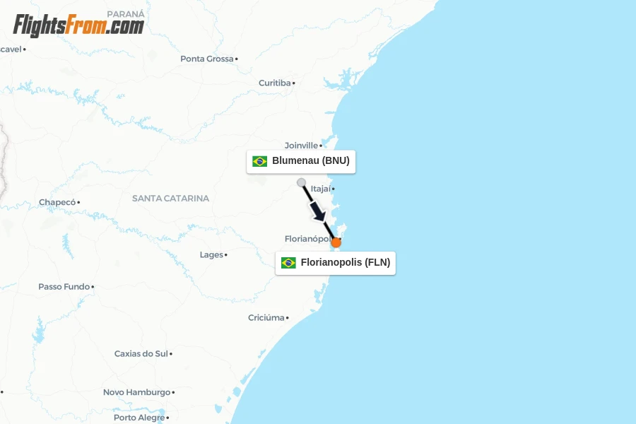 Flights from Blumenau to Florianopolis route map