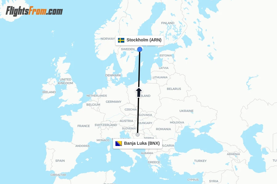 Flights from Banja Luka to Stockholm route map