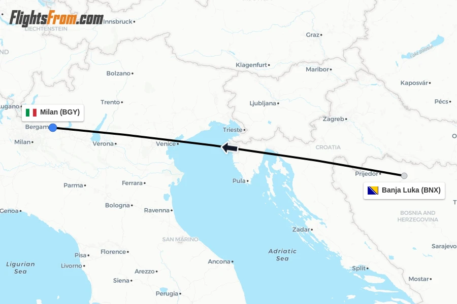 Flights from Banja Luka to Milan route map