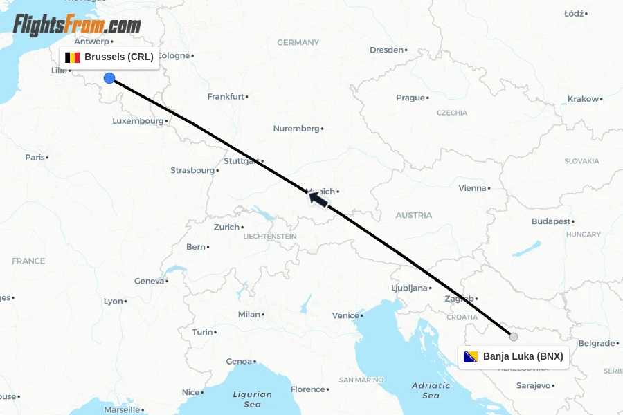 Flights from Banja Luka to Brussels route map