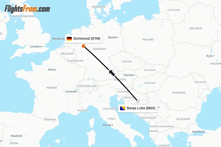 Flights from Banja Luka to Dortmund route map