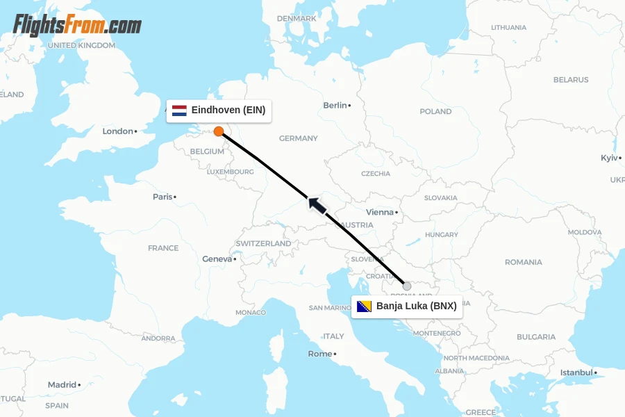 Flights from Banja Luka to Eindhoven route map