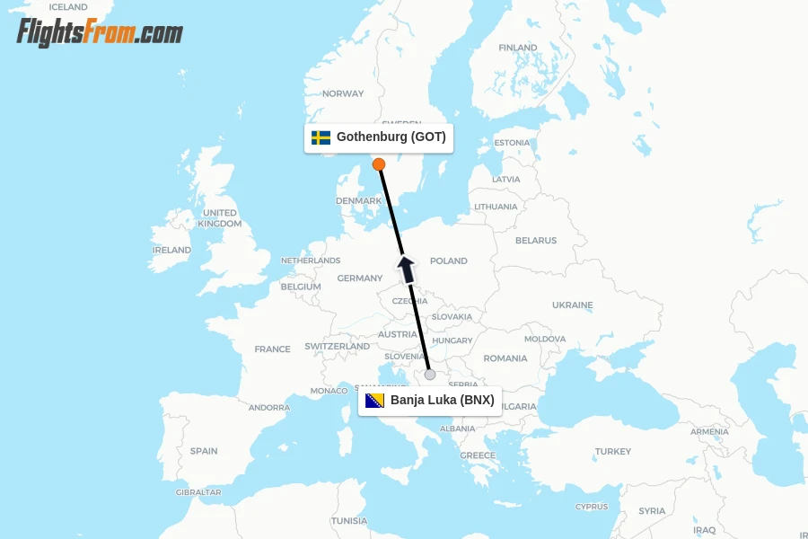 Flights from Banja Luka to Gothenburg route map