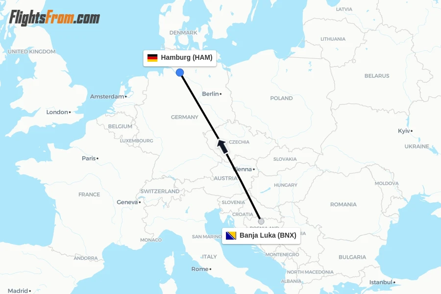 Flights from Banja Luka to Hamburg route map