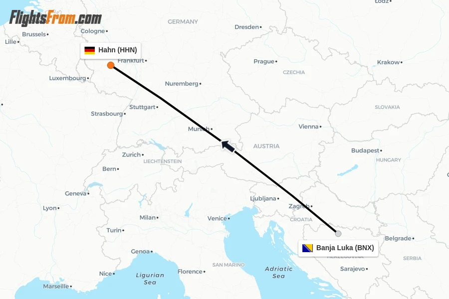 Flights from Banja Luka to Hahn route map