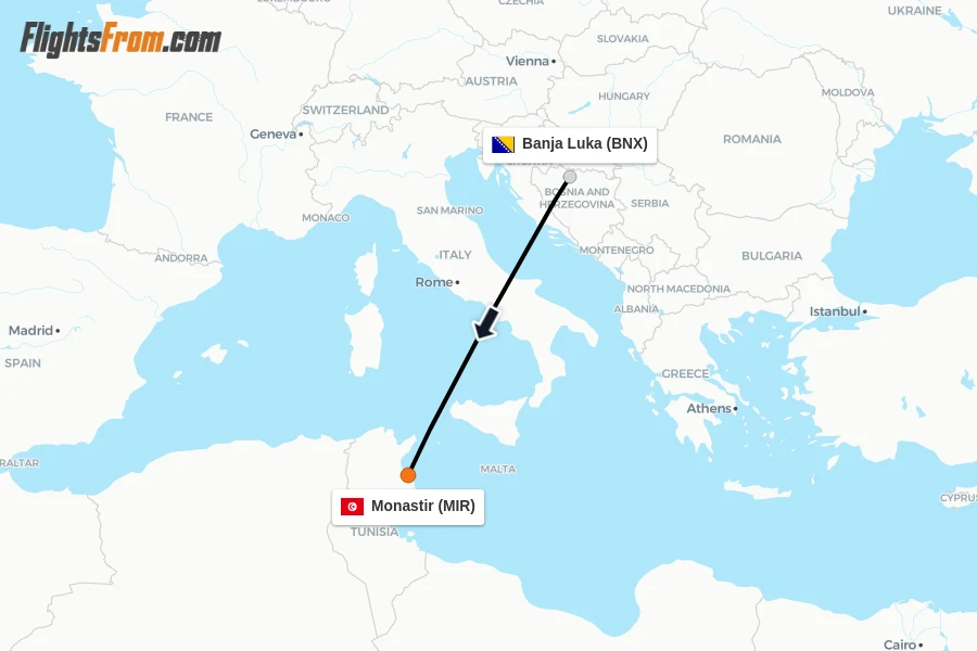 Flights from Banja Luka to Monastir route map
