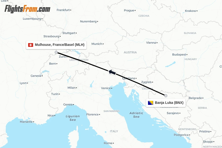 Flights from Banja Luka to Mulhouse, France/Basel route map