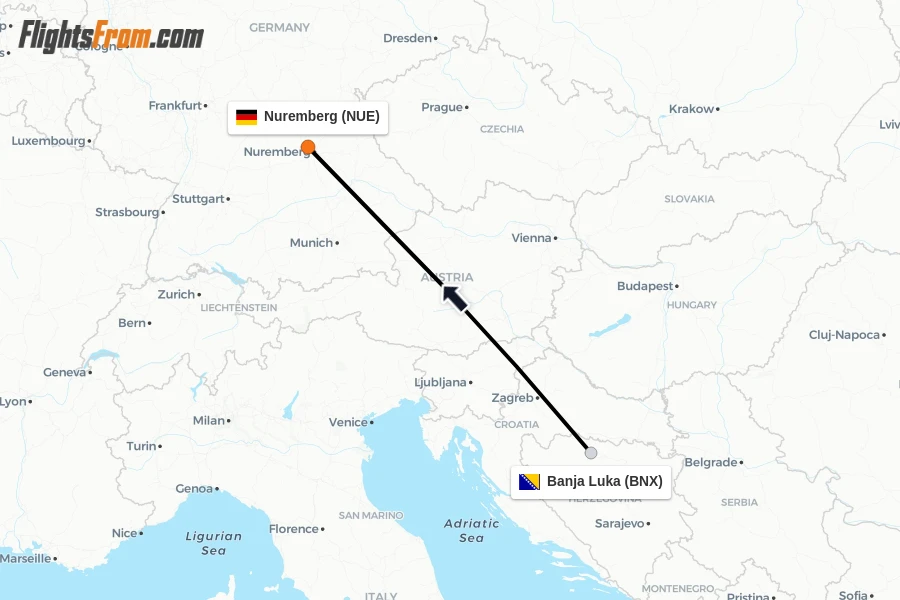 Flights from Banja Luka to Nuremberg route map