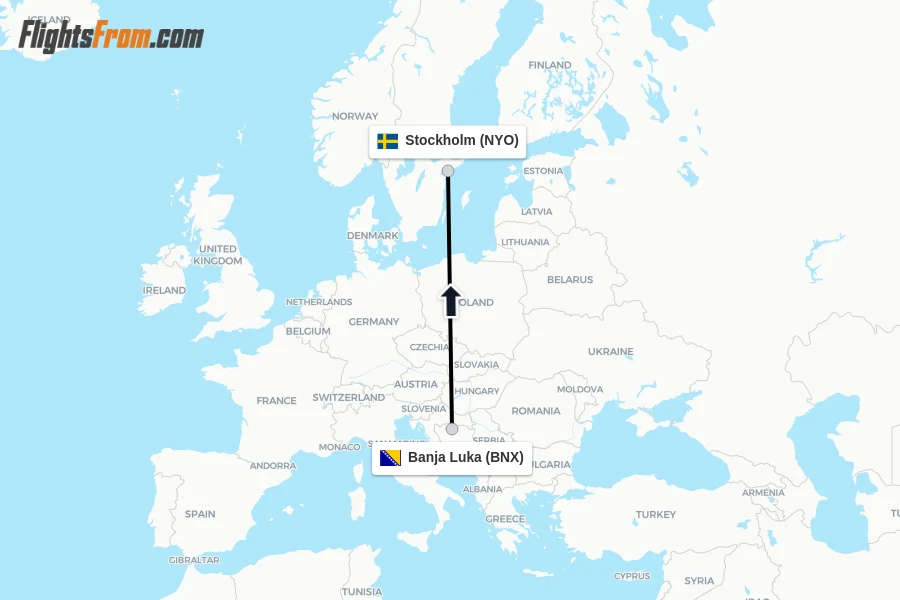Flights from Banja Luka to Stockholm route map