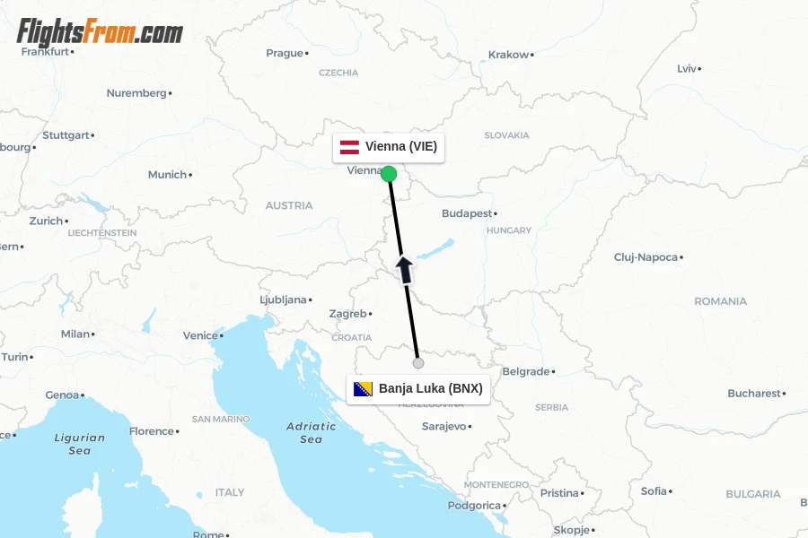Flights from Banja Luka to Vienna route map