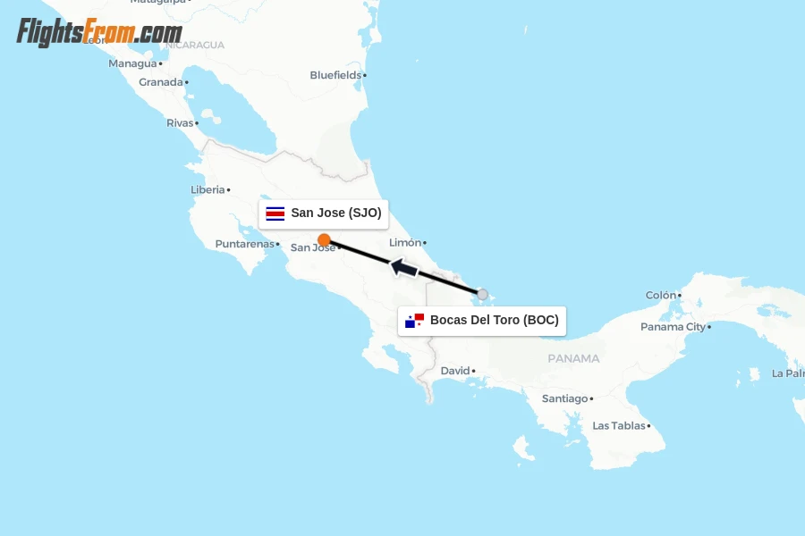 Flights from Bocas Del Toro to San Jose route map