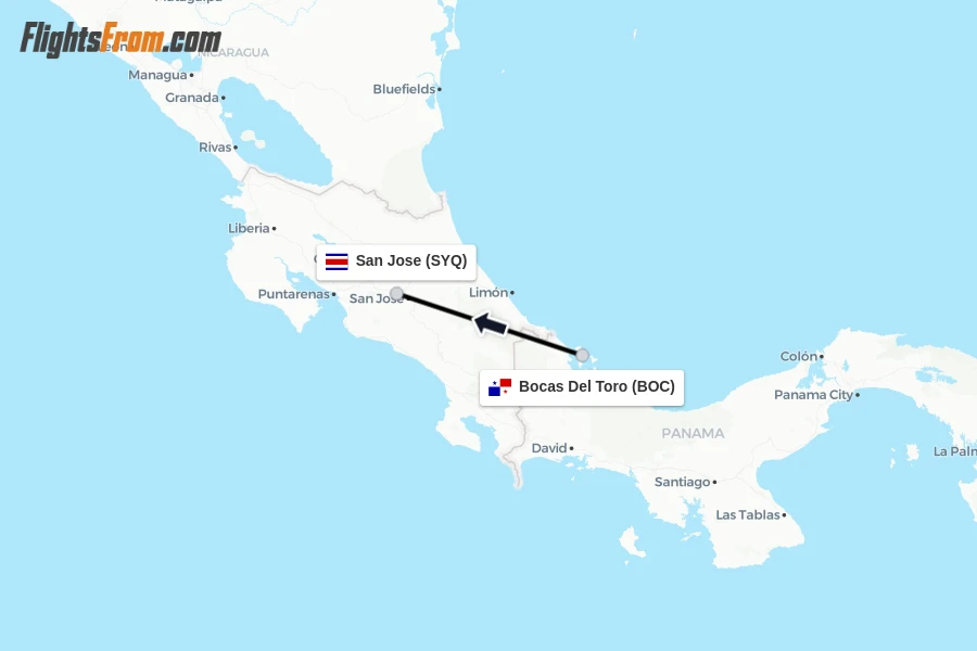 Flights from Bocas Del Toro to San Jose route map