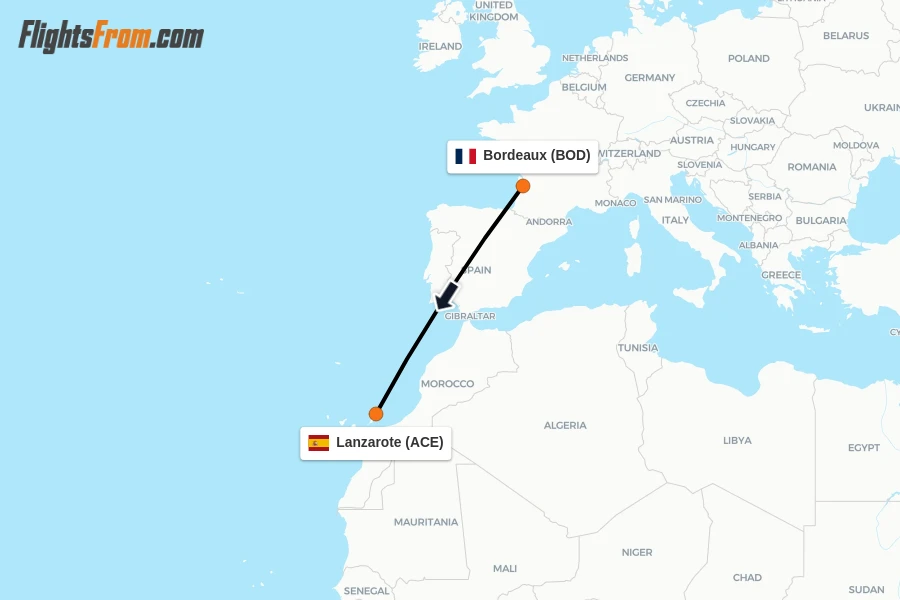 Flights from Bordeaux to Lanzarote route map