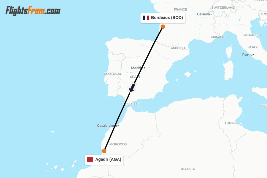 Flights from Bordeaux to Agadir route map