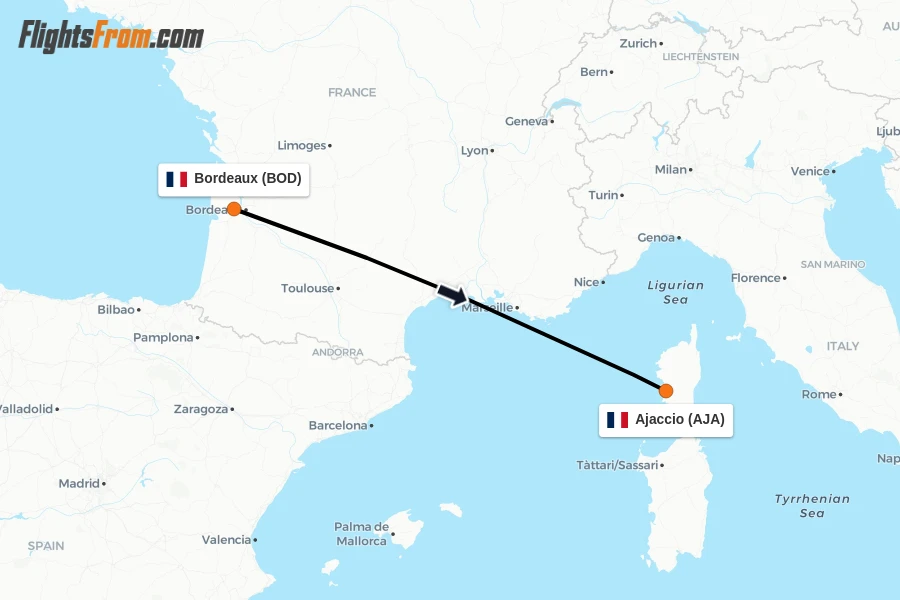 Flights from Bordeaux to Ajaccio route map