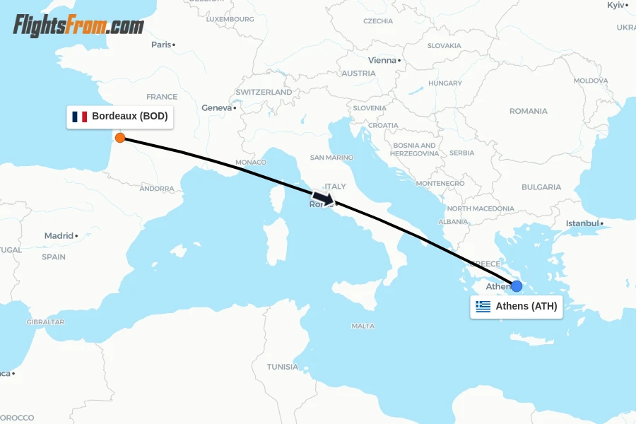 Flights from Bordeaux to Athens route map