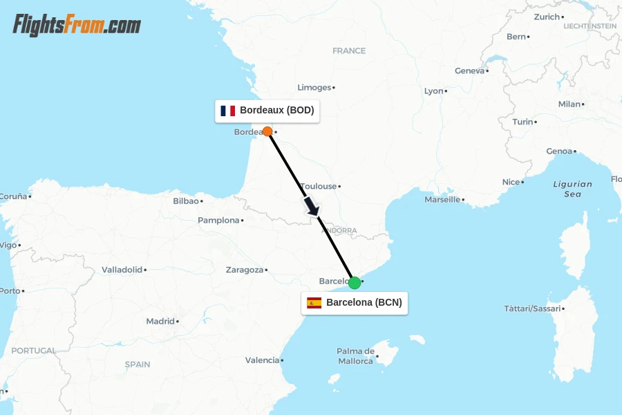 Flights from Bordeaux to Barcelona route map