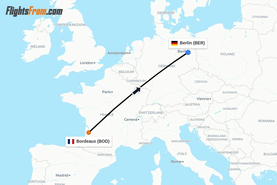 Flights from Bordeaux to Berlin route map