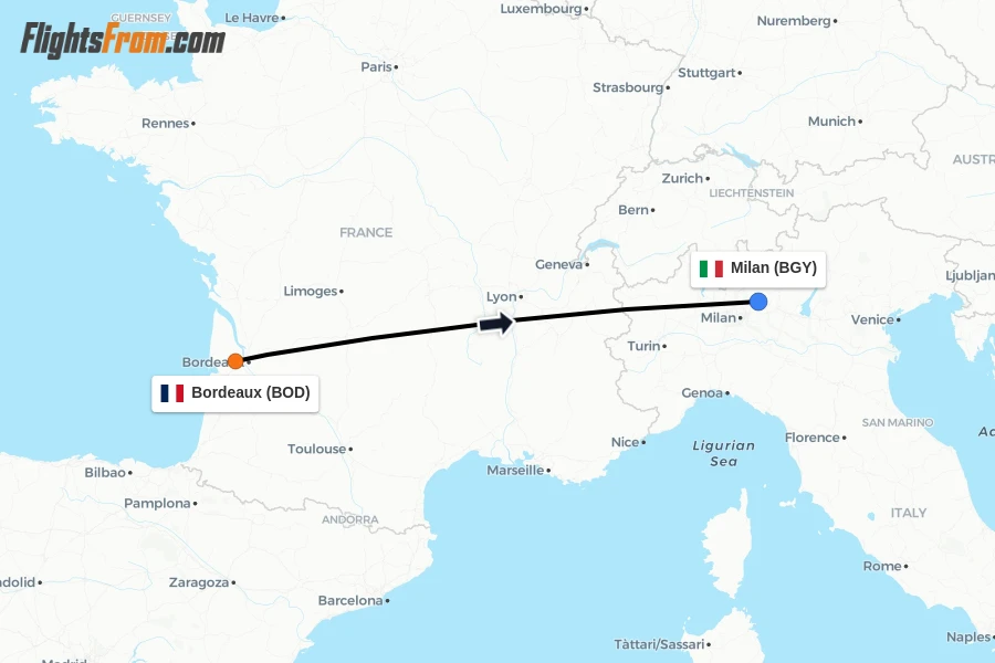 Flights from Bordeaux to Milan route map