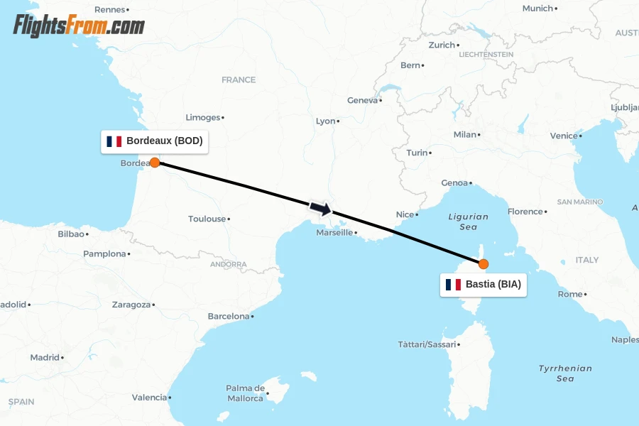 Flights from Bordeaux to Bastia route map