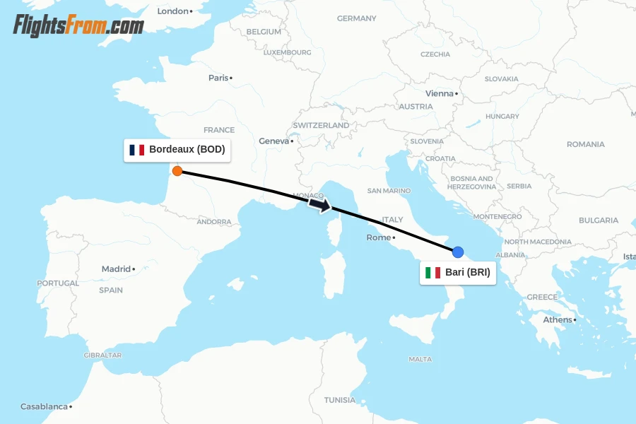 Flights from Bordeaux to Bari route map