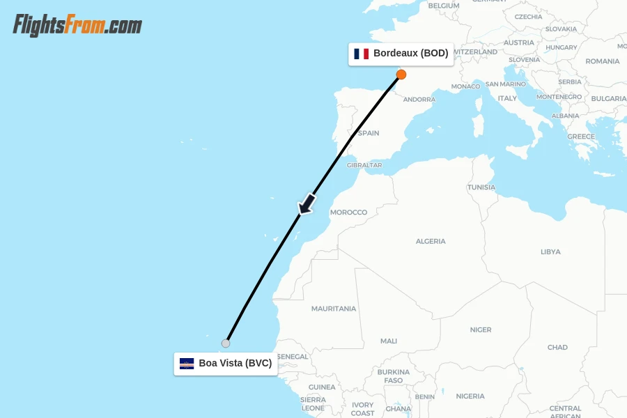 Flights from Bordeaux to Boa Vista route map