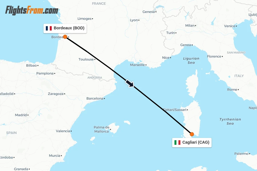 Flights from Bordeaux to Cagliari route map