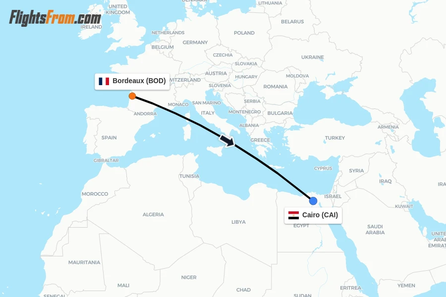 Flights from Bordeaux to Cairo route map