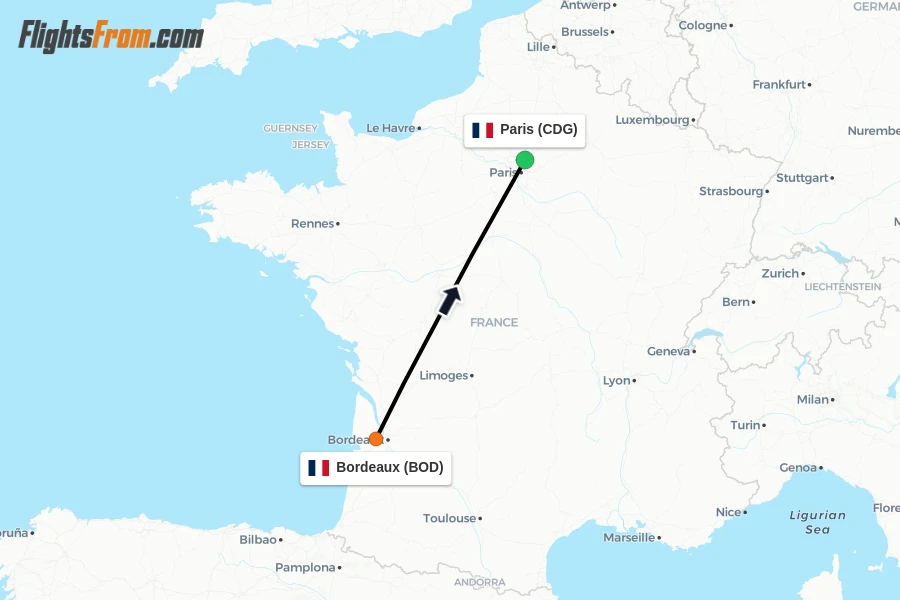 Flights from Bordeaux to Paris route map
