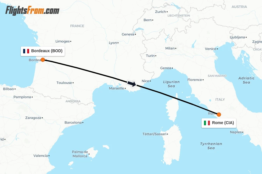Flights from Bordeaux to Rome route map