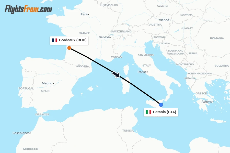 Flights from Bordeaux to Catania route map