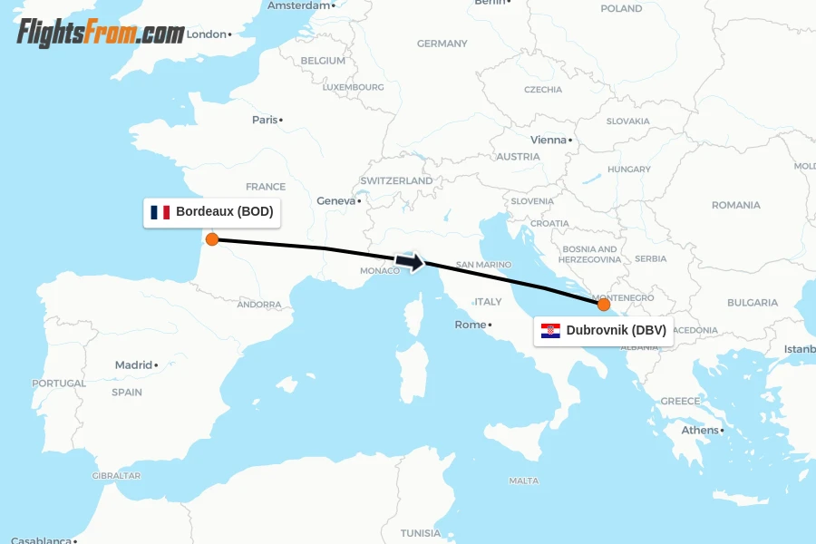Flights from Bordeaux to Dubrovnik route map