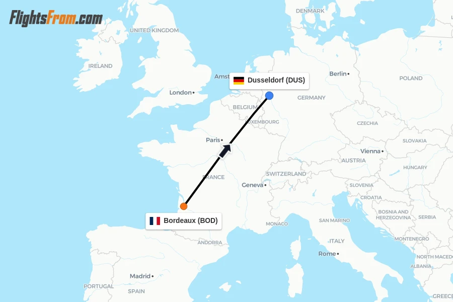 Flights from Bordeaux to Dusseldorf route map
