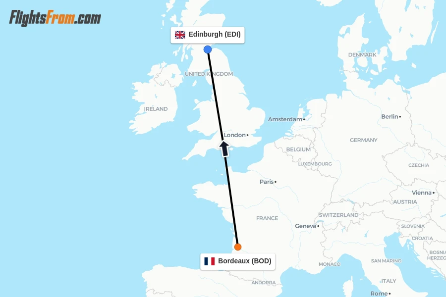 Flights from Bordeaux to Edinburgh route map
