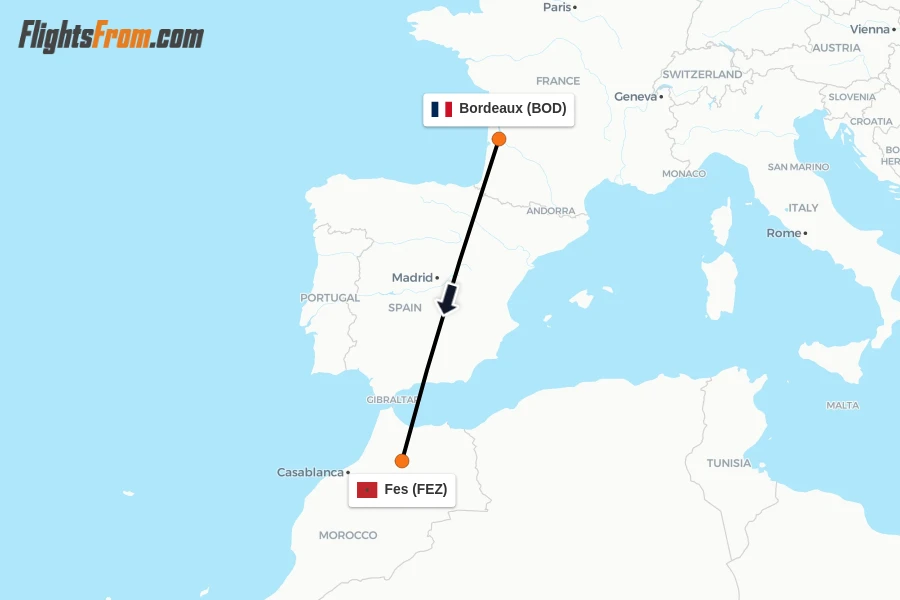 Flights from Bordeaux to Fes route map