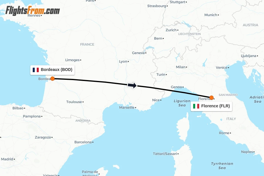 Flights from Bordeaux to Florence route map