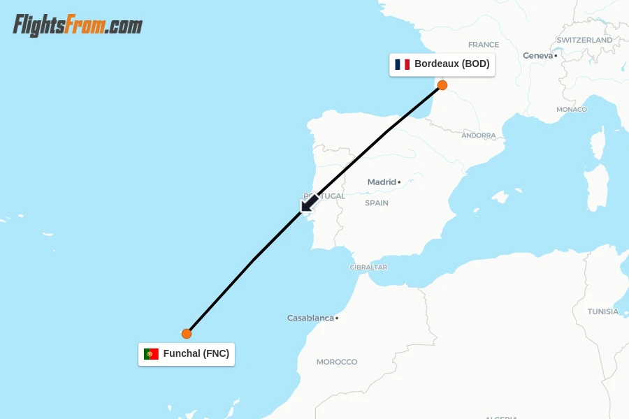 Flights from Bordeaux to Funchal route map