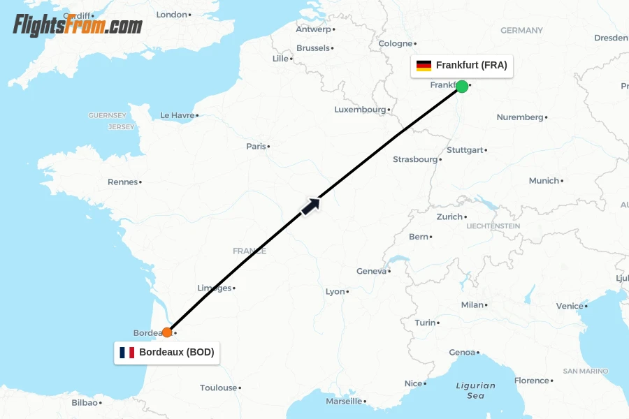 Flights from Bordeaux to Frankfurt route map