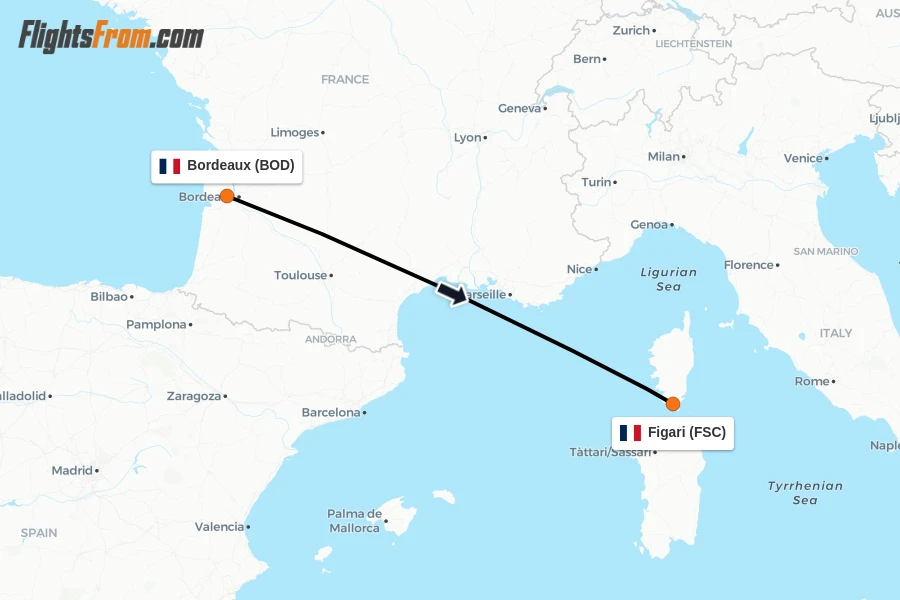 Flights from Bordeaux to Figari route map