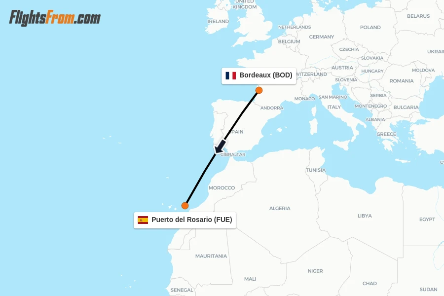 Flights from Bordeaux to Puerto del Rosario route map