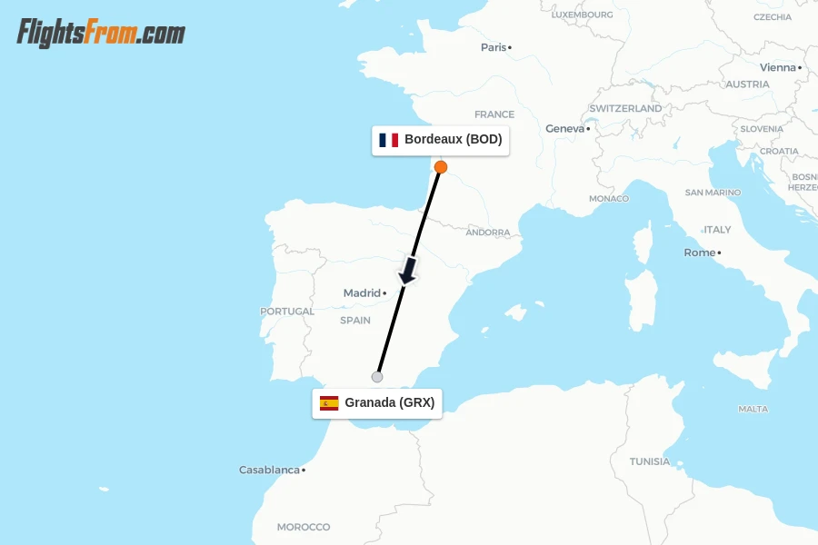 Flights from Bordeaux to Granada route map