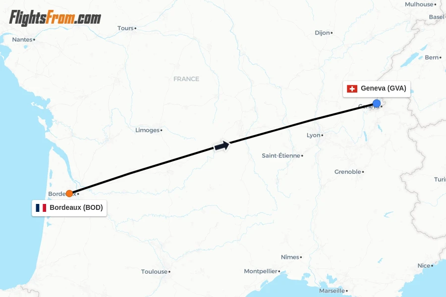 Flights from Bordeaux to Geneva route map