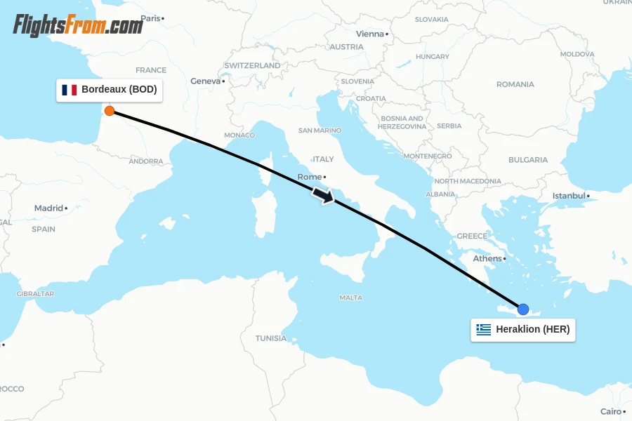 Flights from Bordeaux to Heraklion route map