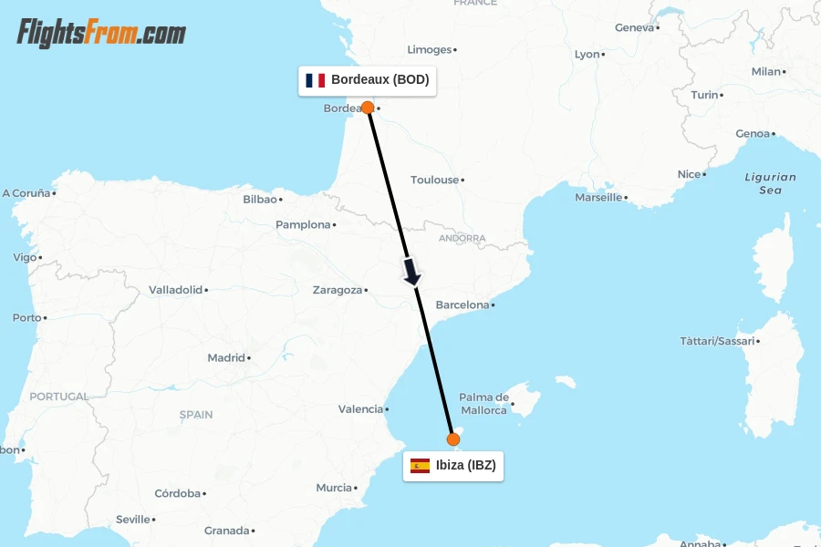 Flights from Bordeaux to Ibiza route map